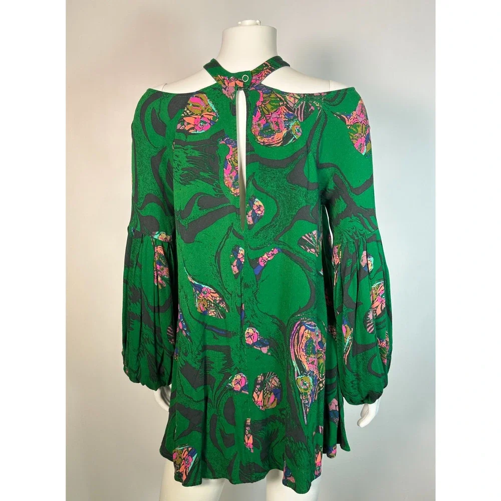 Free People Green Floral Cold Shoulder Halter Tunic Blouse Size Small Boho
